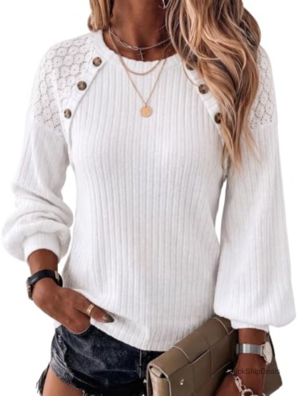 Womens Crew Neck Ribbed Knit Pullover Sweater Long Sleeve Button Detail